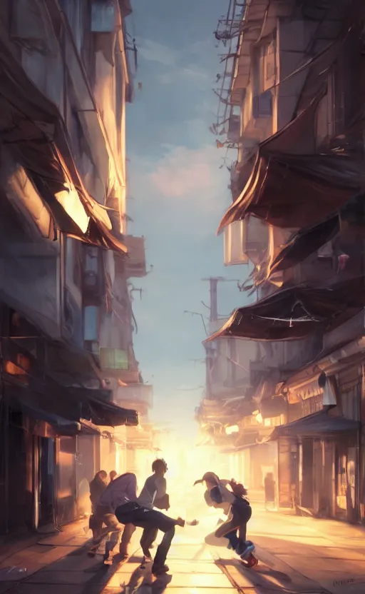 Prompt: a street fight, full shot, atmospheric lighting, detailed faces, by makoto shinkai, stanley artgerm lau, wlop, rossdraws