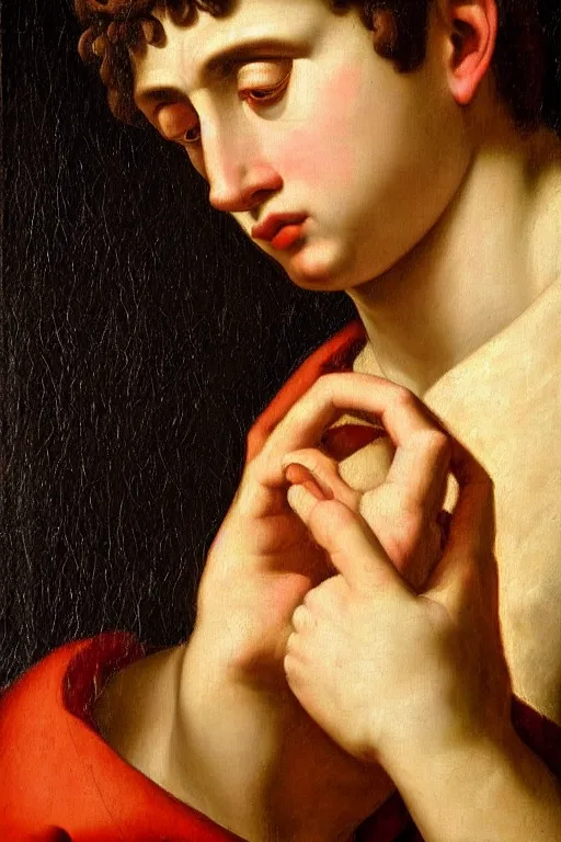 Image similar to renaissance painting of young man, monk haircut, pleading face, tears dripping from the eyes, emotions closeup, dressed in roman armour, the beautiful garden, ultra detailed, art by Guido Reni style, Vincenzo Catena style