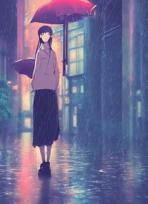 Prompt: listening to music at 2 am, night, pretty girl, pose, rain, lofi, lofi, peaceful, street light, anime key visual, poster, street wears, anime, by ghibli, ghibli studio high quality, 4 k, trending, trending on artstation, octane render