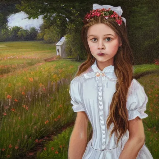 Prompt: portrait of girl dressed in white clothes countryside country style country house fantasy character portrait painting