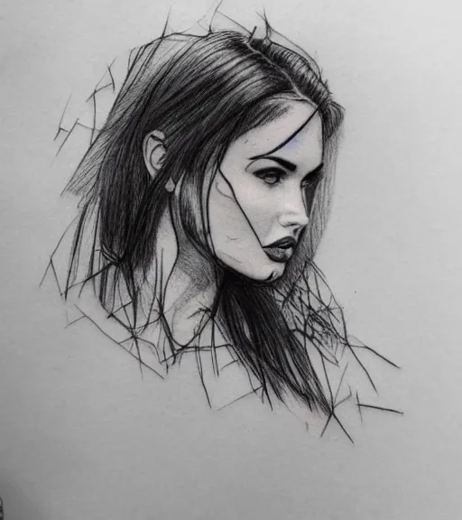 Prompt: realism tattoo sketch of a megan fox face double exposure effect with mountain scenery, in the style of matteo pasqualin, amazing detail, sharp, faded