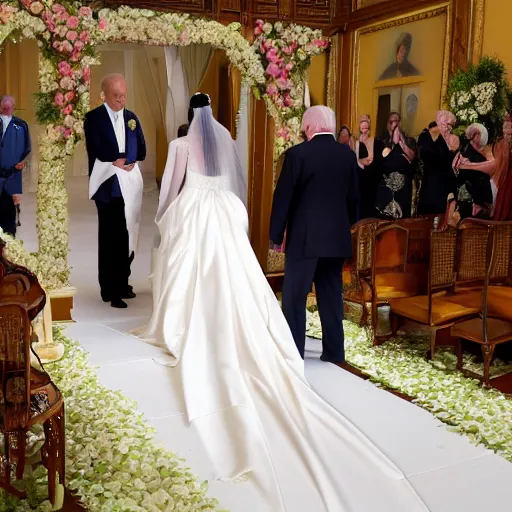 Image similar to professional photograph of Joe Biden and Kim Kardashian getting married, highly detailed, highly intricate, 8k,