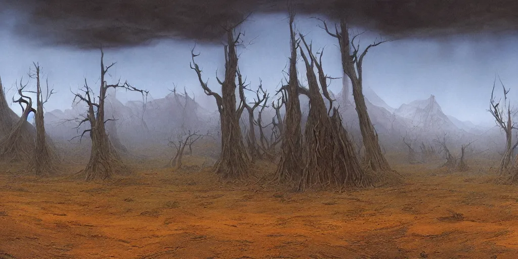 Image similar to artwork by john howe of the cinematic view of a desolate, radioactive forest