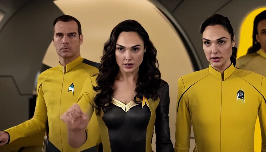 Image similar to Gal Gadot, wearing yellow, is the captain of the starship Enterprise in the new Star Trek movie