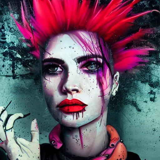 Image similar to splashes of neon clouds, mowhawk, punk women portrait made out of paint with rain in the background, trending on artstation, epic composition, emotional, beautiful, rendered in octane, highly detailed, realistic, tim burton comic book art, sharp focus, matte painting, unreal engine