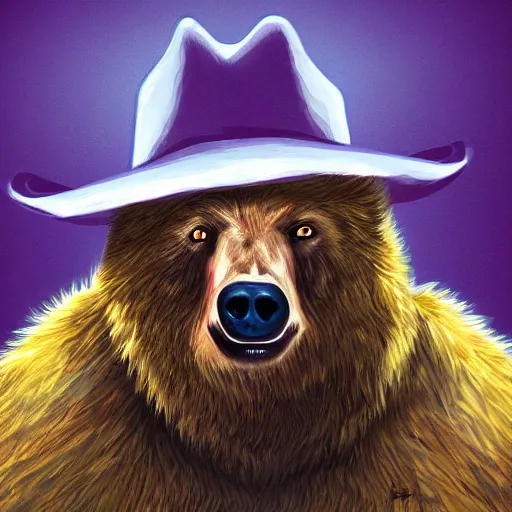 Image similar to portrait of bear beast-man wearing a cowboy hat, digital art, concept art, highly detailed, sharp focus