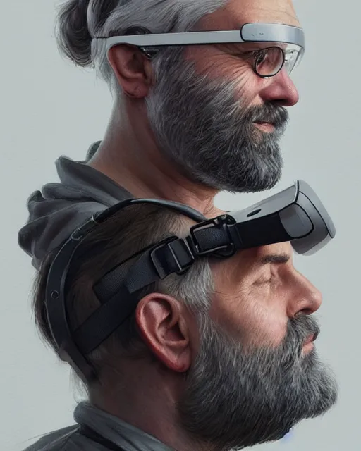 Image similar to a grey bearded man wearing a vr headset, shoreditch, real life skin, intricate, highly detailed, artstation, concept art, smooth, sharp focus, art by artgerm and greg rutkowski