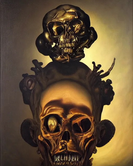 Image similar to refined gorgeous blended oil painting with black background by christian rex van minnen rachel ruysch dali todd schorr of a chiaroscuro portrait of an extremely bizarre disturbing mutated man with shiny skin acne dutch golden age vanitas intense chiaroscuro cast shadows obscuring features dramatic lighting perfect composition masterpiece