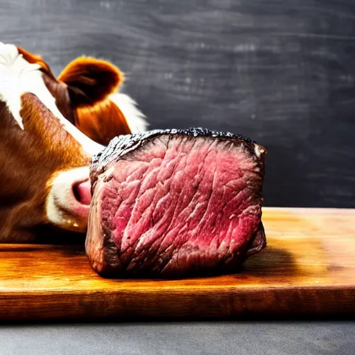 Prompt: a cow enjoying a filet mignon steak