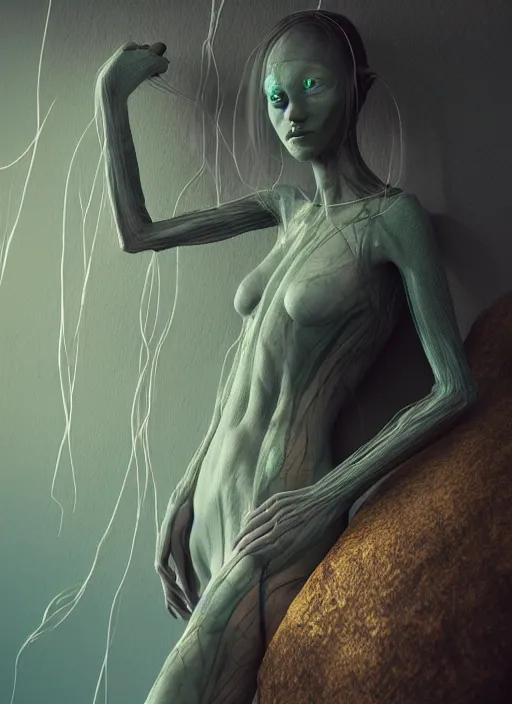 Image similar to alien woman, lake, clothes made out of veins, rgb, cables everywhere, bedroom, ultra realistic, concept art, intricate details, highly detailed, photorealistic, octane render, 8 k