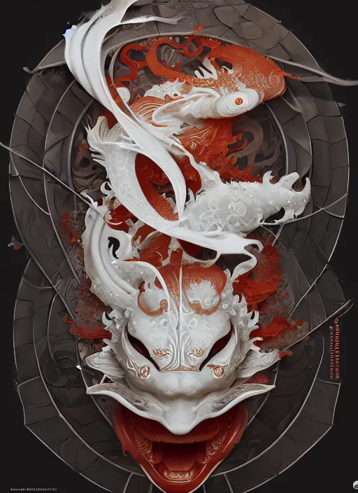 Image similar to subsurface scattering, white, koi, samurai deity with koi armor, art nouveau swirls, octane render, by jesper ejsing, james jean, justin gerard, tomasz alen kopera, cgsociety and fenghua zhong, highly detailed, rim light, cinematic lighting, art, very coherent, cinematic, hyper realism, high detail, 8 k