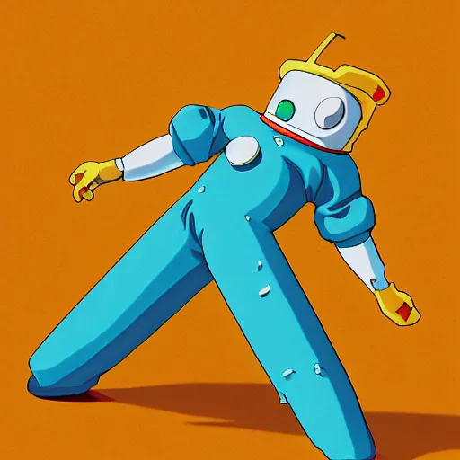 Image similar to the mayo man, angular humanoid blob of mayonnaise, angry eyes, shaded out eyes, 2 0 0 1 anime, flcl, golden hour, japanese town, cel - shaded, strong shadows, vivid hues, y 2 k aesthetic