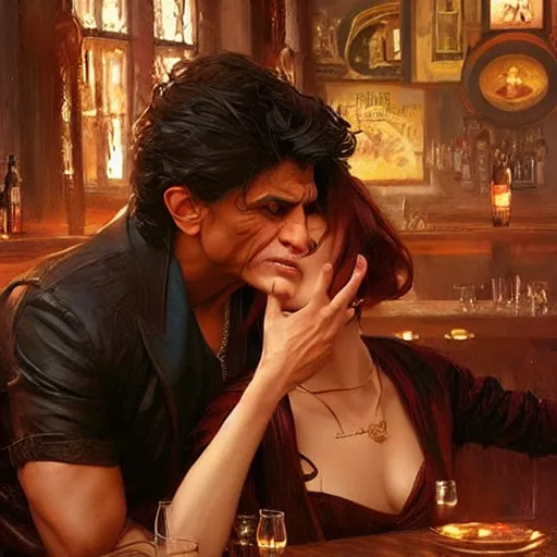 Image similar to vinnie jones flirting with shah rukh khann in a pub, real life skin, intricate, elegant, highly detailed, artstation, concept art, smooth, sharp focus, art by artgerm and greg rutkowski and alphonse mucha