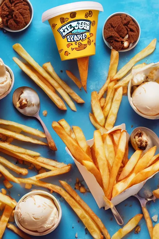 Prompt: french fries flavoured ben and jerry's ice cream, product photo, professional