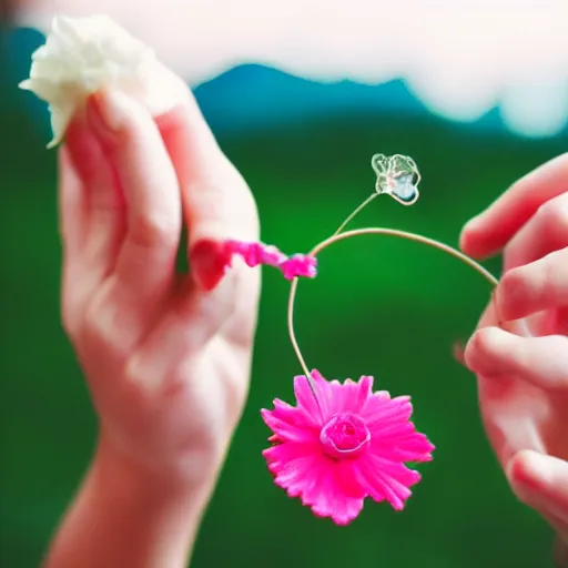 Prompt: A hand with too many fingers holding a plastic flower with a long stem, award-winning photo, DSLR color