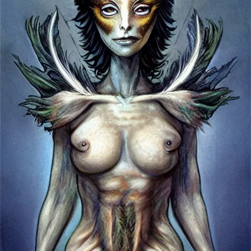 Image similar to detailed illustration of attractive humanoid alien species with beautiful human female face, female human torso, dark fae, black feathers instead of hair, feathers growing out of skin, wings growing out of arms, transformation, brian froud, tim burton, guillermo del toro