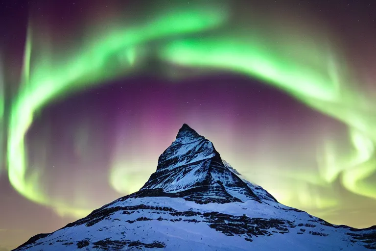 Prompt: intricate illustration of northern lights aurora illuminating the matterhorn mountain peak in the center