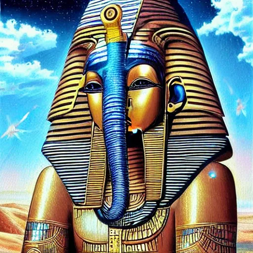 Image similar to the annunaki have returned to egypt wearing space suits that look like egyptian pharoah head - dresses and breathing hoses that look like elephant trunks - alien - looking, futuristic, detailed, photo - realism - by bob ross