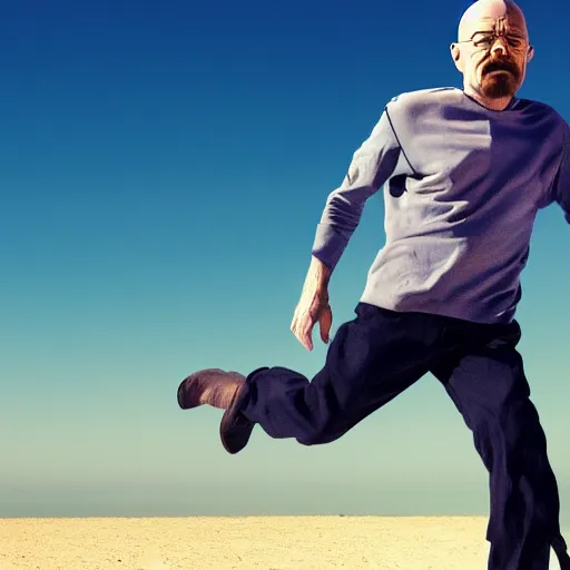 Image similar to Walter White running on the beach, artistic, 8k, cinematic, accurate, symetric, face, dramatic lighting, pastel colours