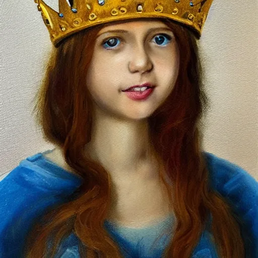 Prompt: young smiling teen queen with long golden hairs in golden crown, very white pale, blue eyes, painting by Beksinsk