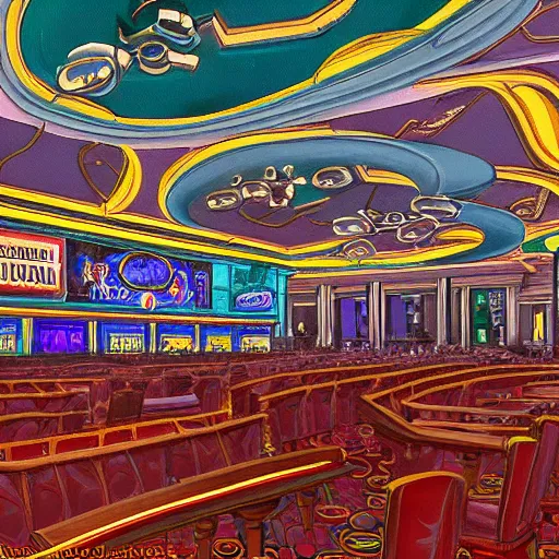 Prompt: a highly detailed painting of magic class lecture hall in a casino, lecture halls and gambling dens, intimidating academic architecture, ultrawide lense, aerial photography, unreal engine, exquisite detail, 8 k, art by brandon sanderson and robert jordan