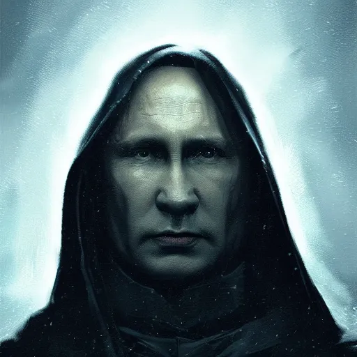 Image similar to portrait of Putin in a black cloak, glowing eyes, detailed face, highly detailed, cinematic lighting, digital art painting by greg rutkowski.