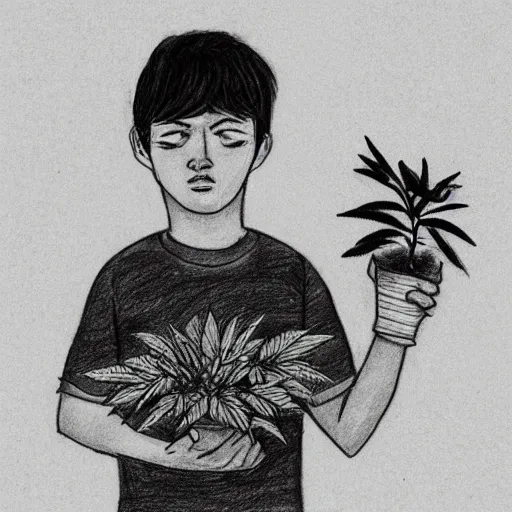 Image similar to drawing of a sad boy holding a pot plant, ultra detail, behance