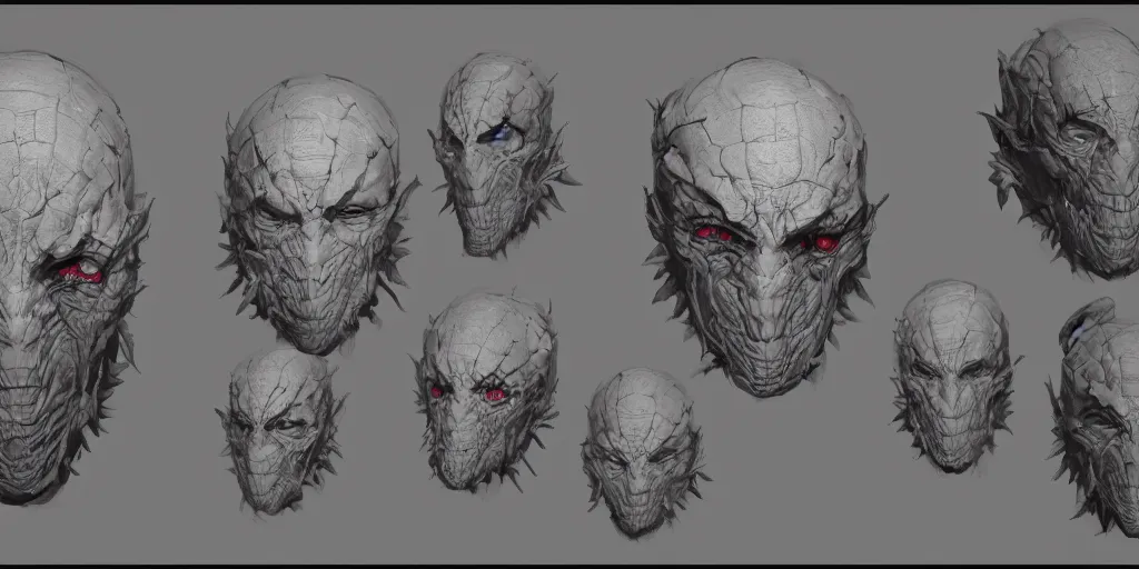 Prompt: flesh mask design, character sheet, Moebius, Greg Rutkowski, Zabrocki, Karlkka, Jayison Devadas, Phuoc Quan, trending on Artstation, 8K, ultra wide angle, zenith view, pincushion lens effect.