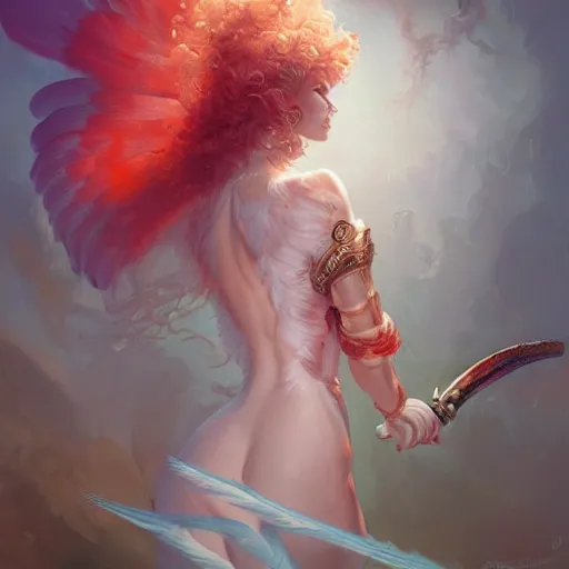 Image similar to a painting of a woman who made of curly white and transparent feathers with red edges is holding a sword, a digital painting by peter mohrbacher, trending on artstation, metaphysical painting, speedpainting, made of feathers, digital painting, holographic undertones, highly saturated colors, 4 k, digital art, concept art, trending on artstation