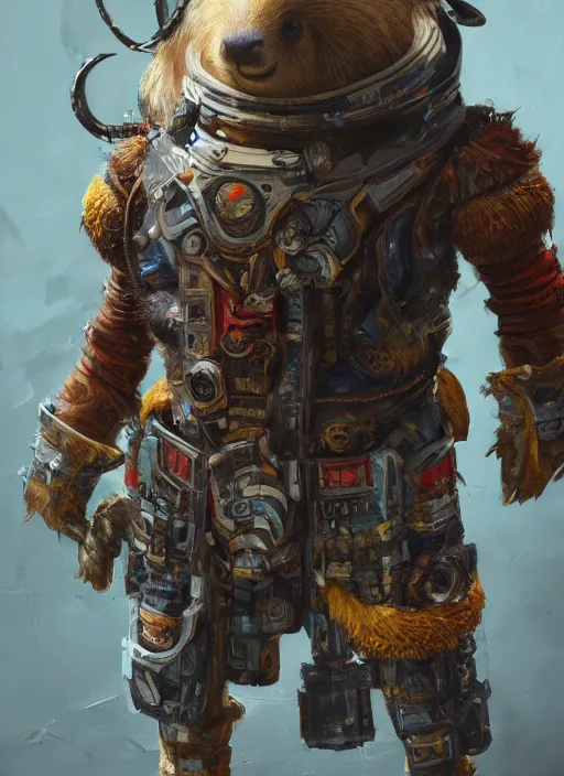 Prompt: detailed full body concept art illustration oil painting of an anthropomorphic capybara space pirate in full intricate armor, biomutant, dystopian, ultra detailed, digital art, octane render