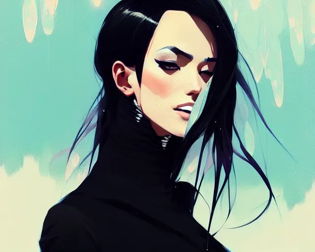 Image similar to a ultradetailed beautiful portrait panting of a stylish woman in a black dress, by conrad roset, greg rutkowski and makoto shinkai trending on artstation