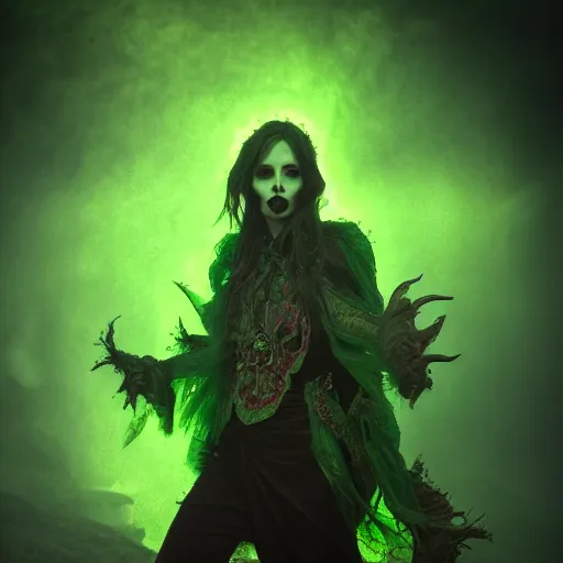 Image similar to a portrait of a necromancer, green aura ,Grim fantasy, D&D, HDR, natural light, shoulder level shot, dynamic pose, award winning photograph, Mucha style, 8k,