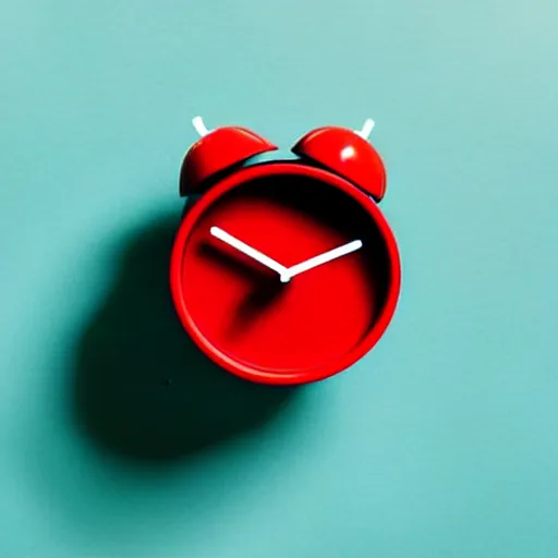 Image similar to Very tiny red alarm clock that looks like the iOS emoji and has the same colors, iOS emoji, 3D clay render, 4k UHD, white background, isometric top down left view, studio lighting, zoomed out very far