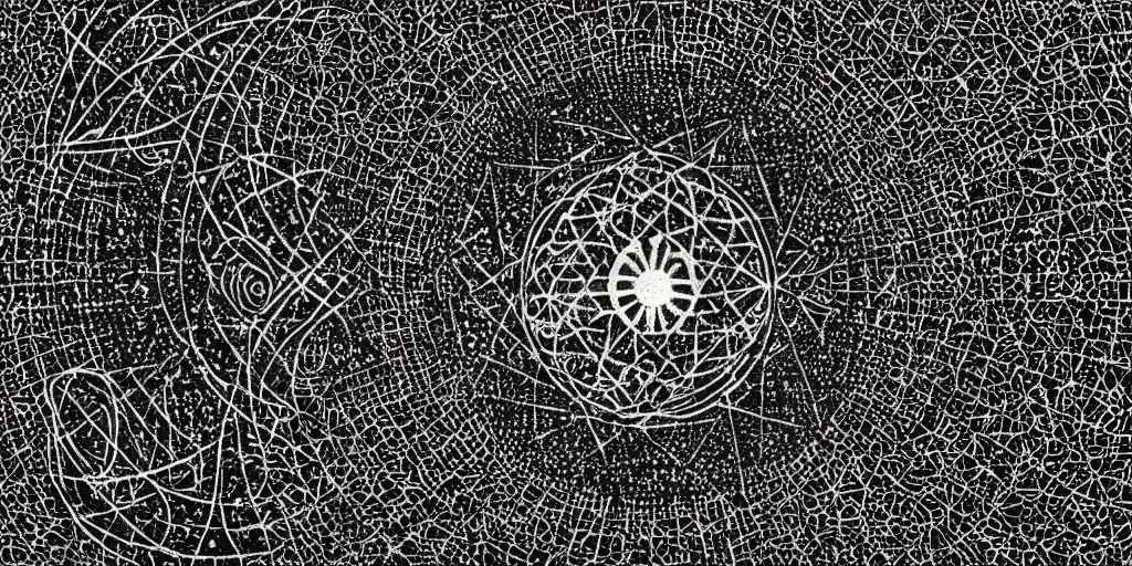 Prompt: Black and white engraving of a space scape. a star surrounded glittering debris. islamic geometry. geometric patterns. pointillism.