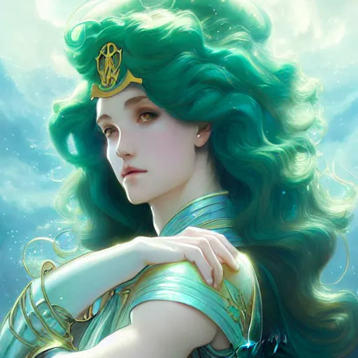 Image similar to Sailor Neptune, fantasy, intricate, elegant, highly detailed, digital painting, artstation, concept art, matte, sharp focus, illustration, art by Artgerm and Greg Rutkowski and Alphonse Mucha