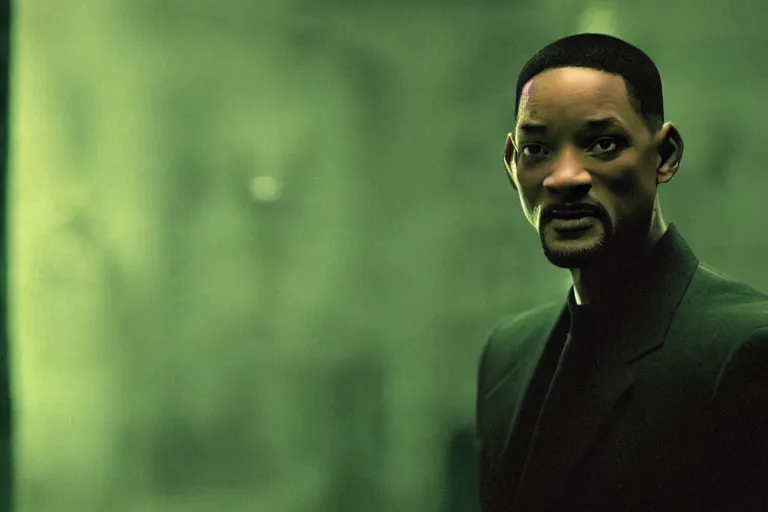 Prompt: will smith as a character from the matrix, cinematic, movie still, dramatic lighting, matrix code,!! by bill henson!!, green color theme