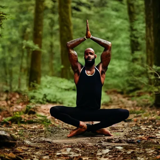 Prompt: lebron james doing yoga in the forest, videogame still, portrait, 4 0 mm lens, shallow depth of field, close up, split lighting, cinematic