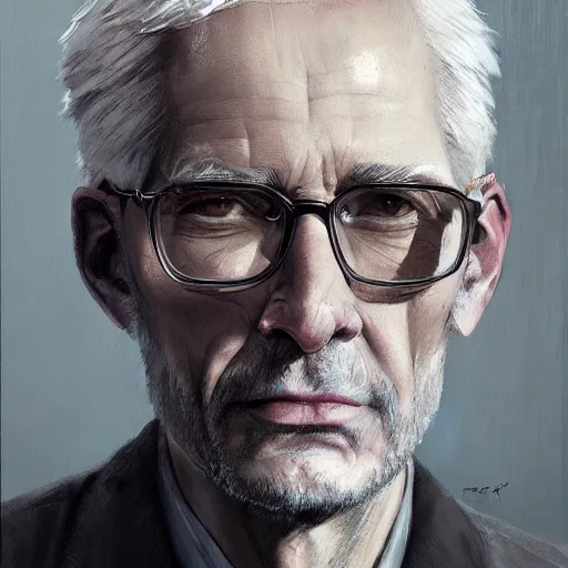 Prompt: man with grey hair and glasses by Cédric Peyravernay, painting, portrait, very detailed