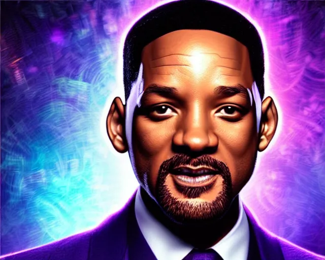 Prompt: portrait of will smith, fractal neon glowing diagram background, intricate purple suit, digital art by artgerm and karol bak