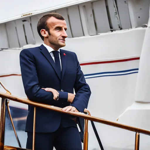 Image similar to Emmanuel Macron on a caravelle ship, dressed like 1500 ship captain, 50mm photography, high quality, 4K