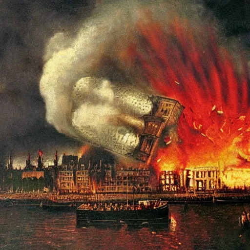 Image similar to the Hindenburg crashing in flames in colour on Victorian London