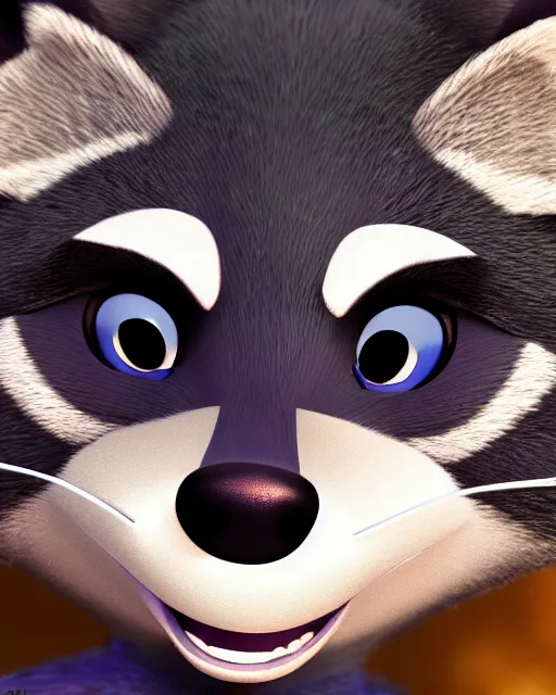 Prompt: closeup portrait of sly cooper raccoon, disney, pixar,