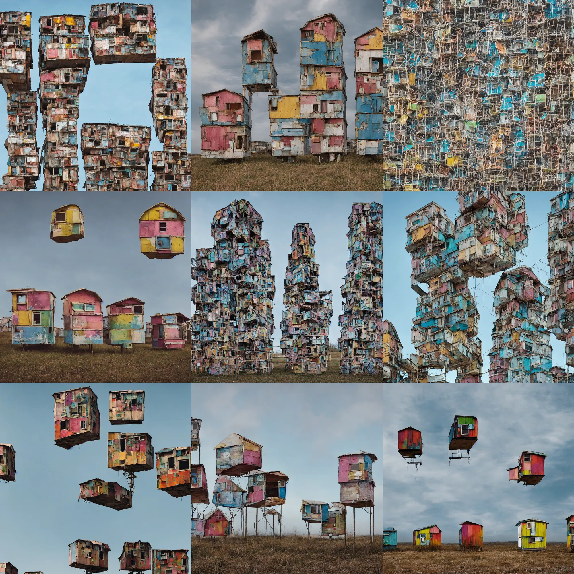 Prompt: close - up view of two symmetrical suspended towers made up of colourful makeshift squatter shacks, faded colours, plain uniform sky, dystopia, mamiya, very detailed, photographed by cristina de middel