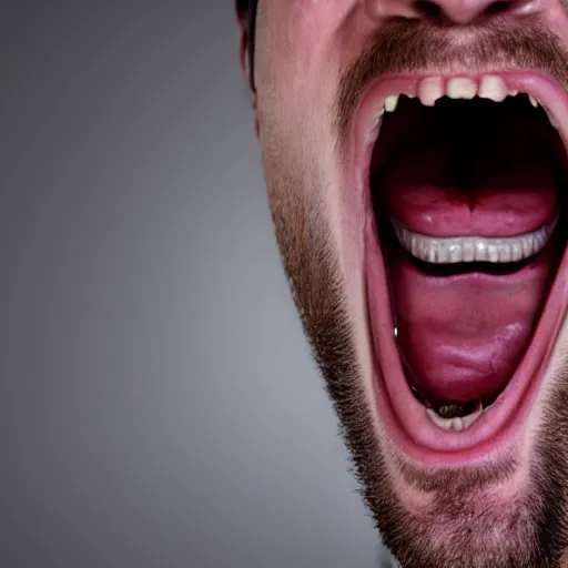 Prompt: incredible cinematic image of the face of a young angry man screaming and inside his mouth the same face screaming, studio shot, dynamic lighting, high definition, highly detailed, photo-realistic, unreal engine render, 16k