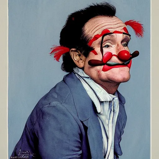 Image similar to Robin Williams as a sad clown painted by Norman Rockwell