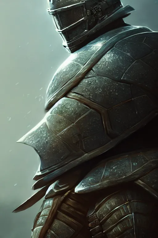 Prompt: An armored turtle knight, illustration, soft lighting, soft details, close portrait, dark mood, painting oil on canvas by Cedric Peyravernay octane render trending on artstation d&d characters, 4k, 8k, HD