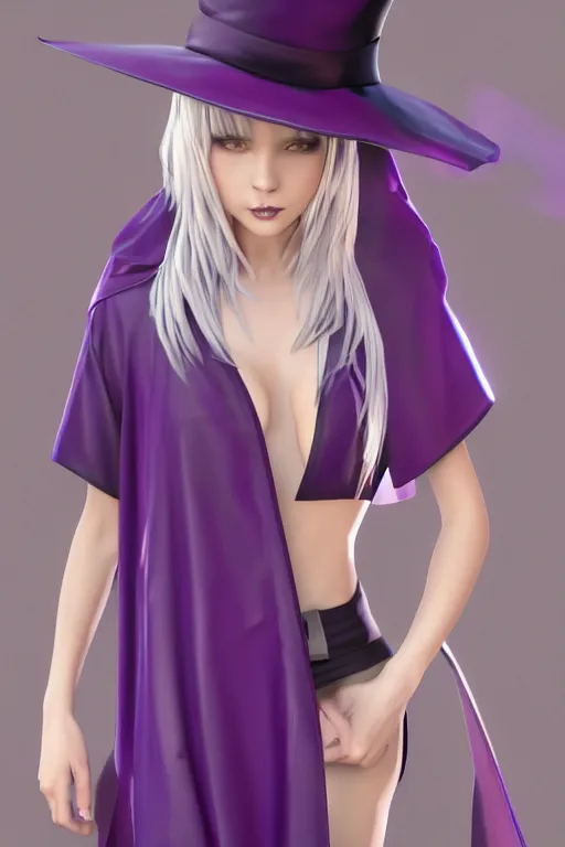 Prompt: Young petite beautiful woman in slim purple witch robes and pointy hat at a crowded magical university, full body shot unreal engine hyperreallistic render 8k character masterpiece digital art, cell shader shading, raytracing, comic art, manga, trending on Artstation, CGSociety