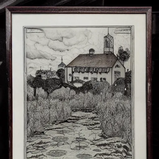 Prompt: lithography of a 1920s map of a small village with houses, a pond and a church, beautifully drawn, detailed, slightly spooky atmosphere, by Tolkien,