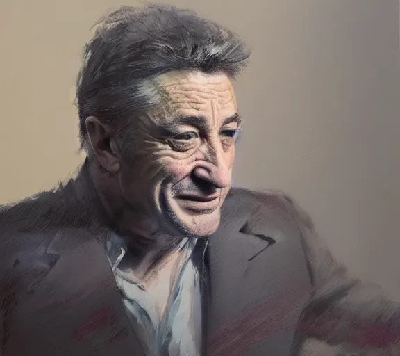 Image similar to a hyper-detailed sketch of Robert DeNiro by Craig Mullins; oil on canvas; trending on artstation