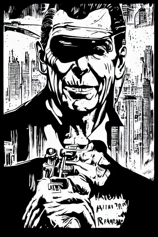 Image similar to ronald reagan, a page from cyberpunk 2 0 2 0, style of paolo parente, style of mike jackson, adam smasher, johnny silverhand, 1 9 9 0 s comic book style, white background, ink drawing, black and white, colouring pages